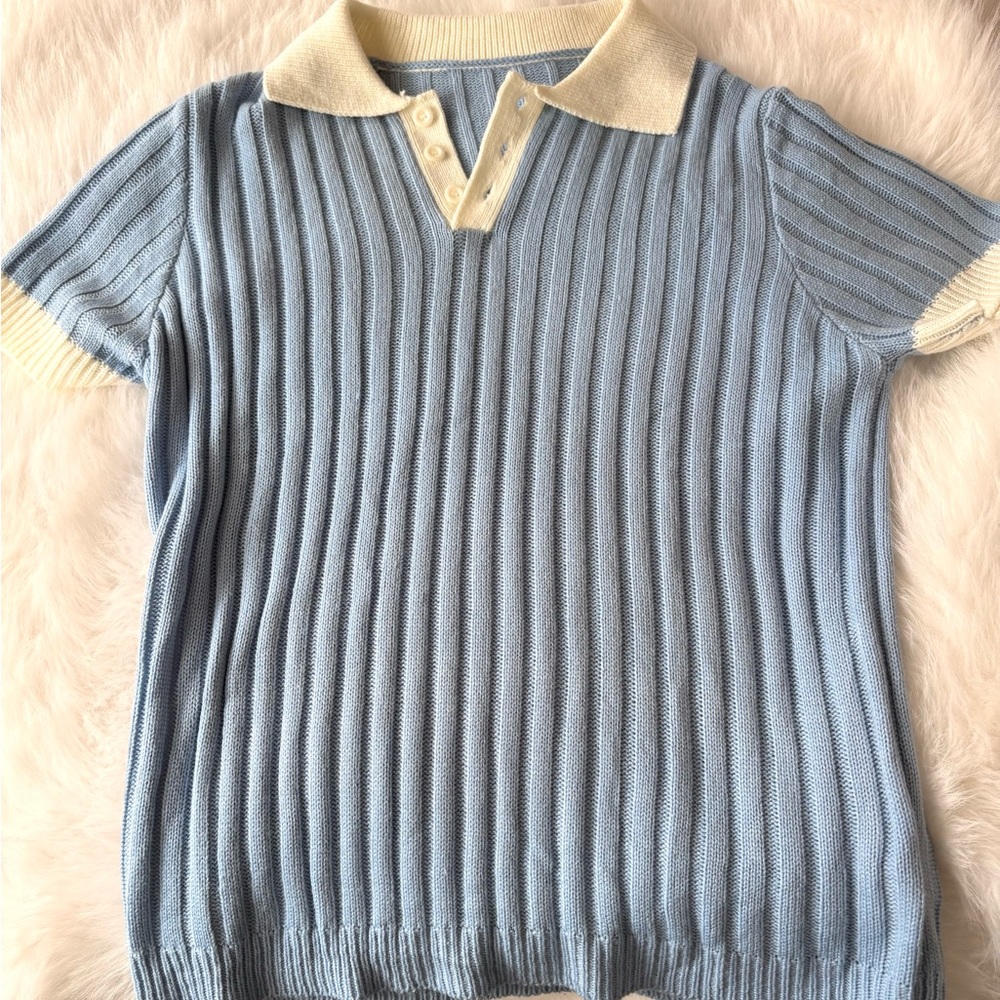 Light Blue Ribbed Knit Polo with Cream Trim